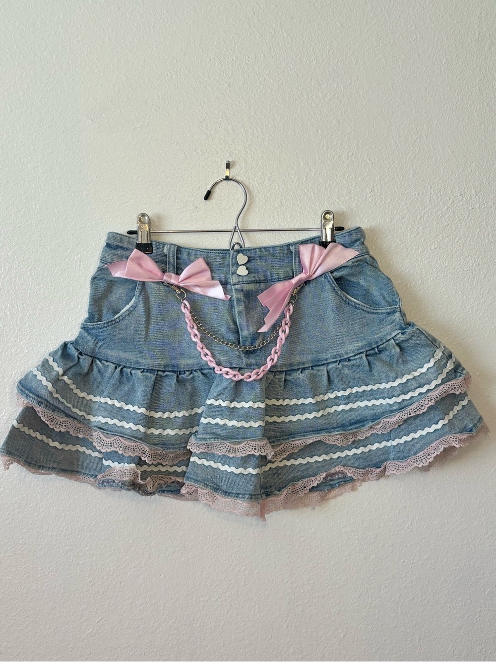 Sweet Society Denim Ruffle Cake Skirt S Cutecore Kawaii Gyaru Pink Lace Bows